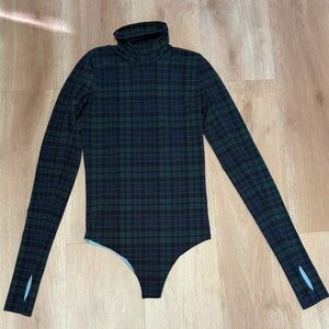 Commando plaid Turtleneck Bodysuit with thumb holes in Dark Green and Navy